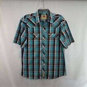 Larry Mahan Western Shirt XXL Blue Pearl Snap Plaid Short Sleeve Cowboy